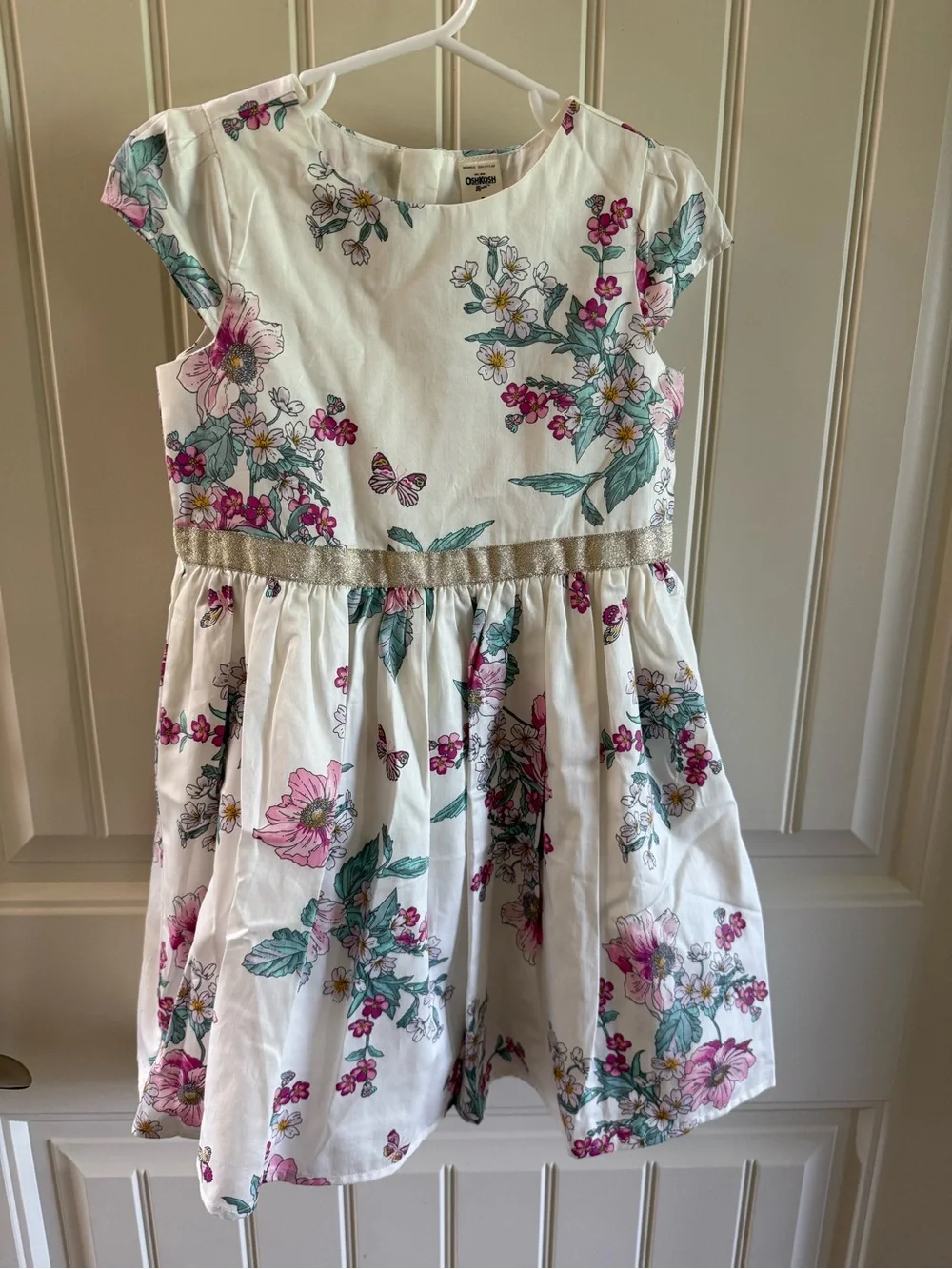 OshKosh B'gosh White Floral Dress with Pink and Green Accents and Gold Waistband
